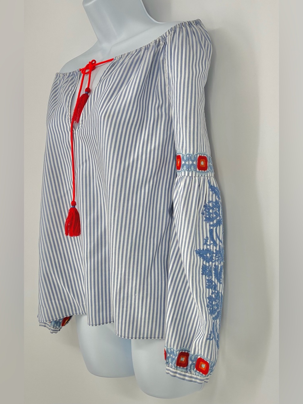 Tory Burch Blue White Striped Embroidered Tassel Peasant Blouse Tunic Size 2 - Picture 7 of 10